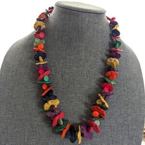 Vintage Carved Rainbow Wooden Beaded Boho Ethnic Tribal Vacation Necklace